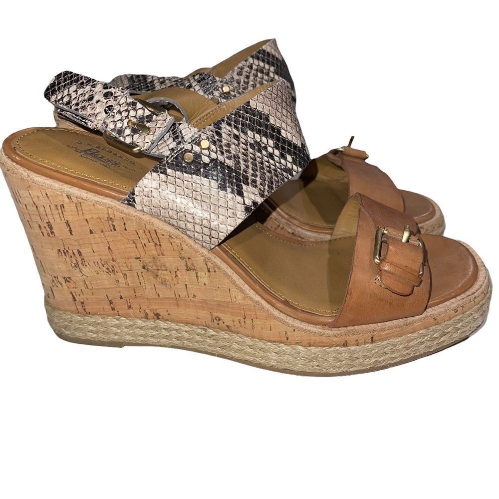 G.H. Bass & Co. Tyra Snakeskin‎ & Camel Tan Leather Cork Wedges - Size 9
